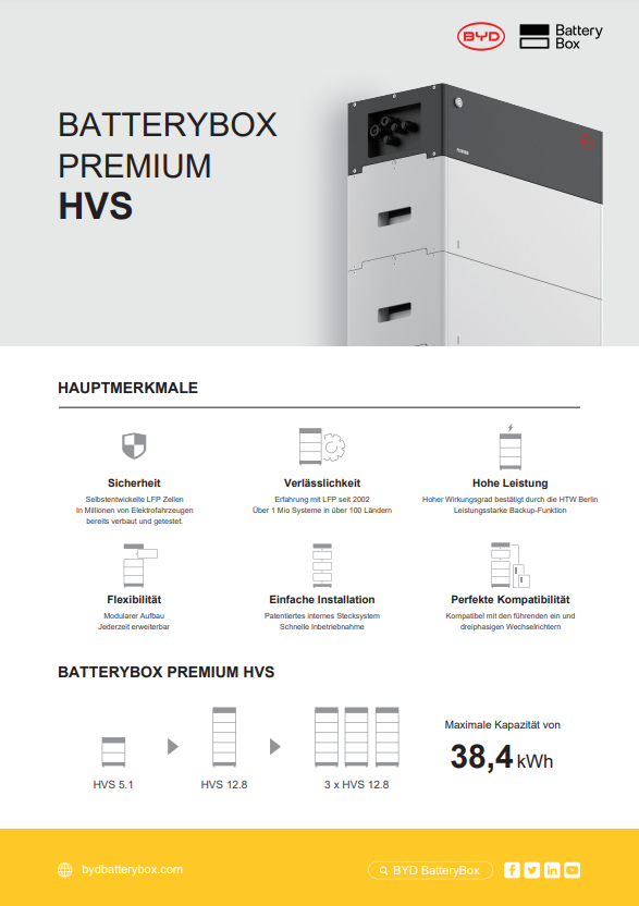 BYD Batteriespeicher HVS 5.1-12.8 kWh Solarspeicher Seitenansicht Parameter