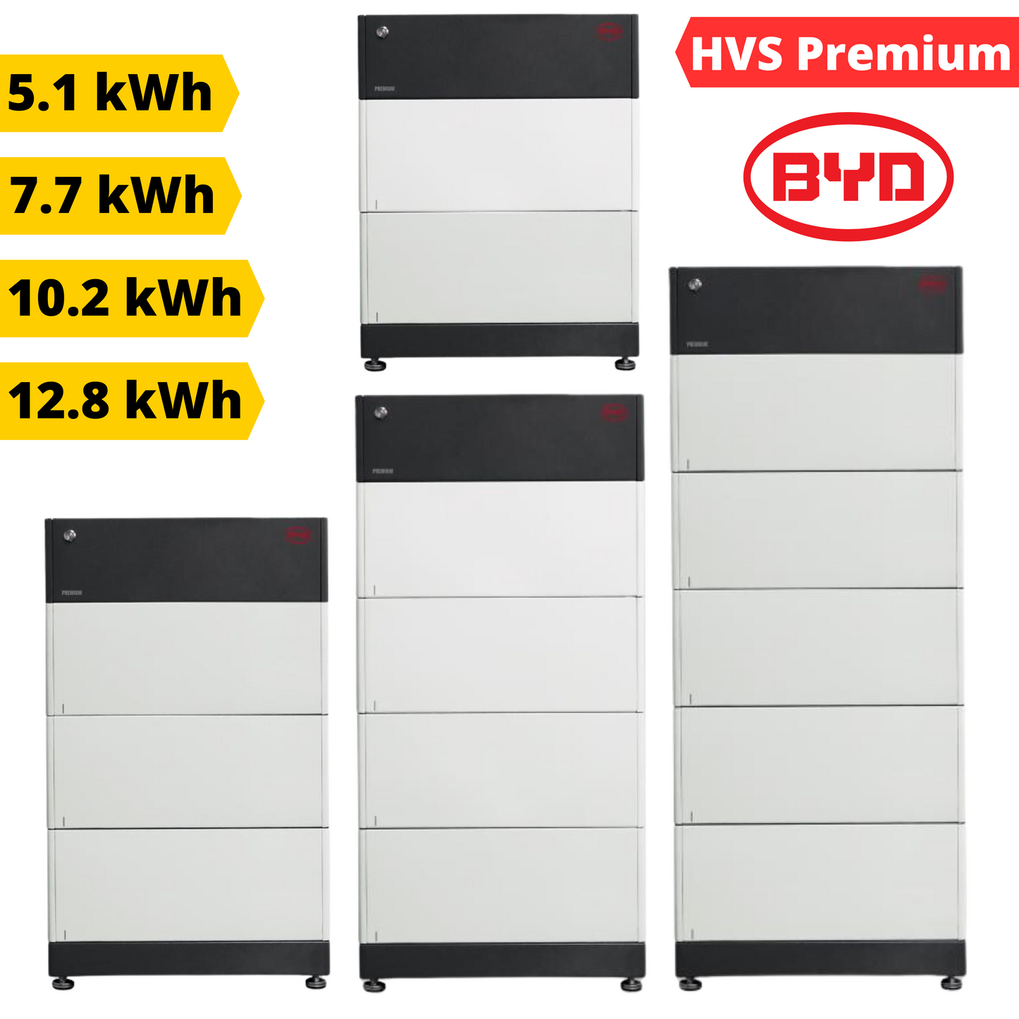 BYD Batteriespeicher HVS 5.1-12.8 kWh Solarspeicher Vorderansicht 5.1 kWh 7.7 kWh 10.2 kWh 12.8 kWh