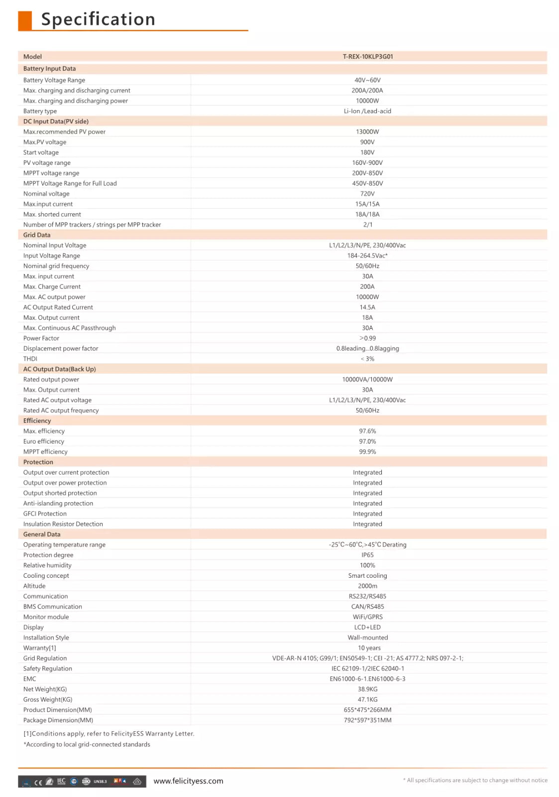 Felicity ESS T-REX-10KLP3G01 10kW Spezifikation