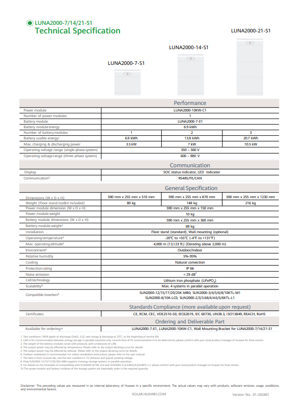 Huawei LUNA2000-21-S1 7 kWh 14 kWh Technische Spezifikation