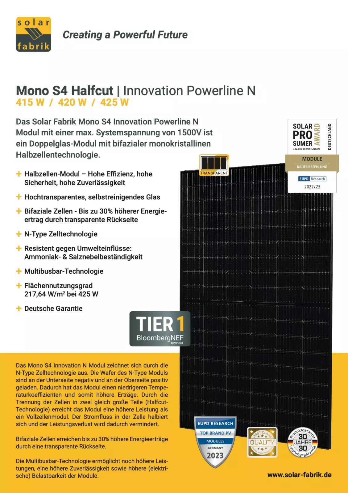 Solar Fabrik 425W S4 Mono Glas-Glas Modul Bifazial Vorderansicht Technische Daten