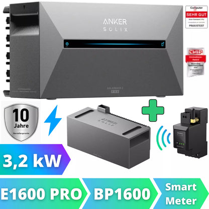 Balkonkraftwerk mit Speicher Anker SOLIX Solarbank PRO + Akku BP1600 Set 3200Wh Smart Meter Vorderansicht