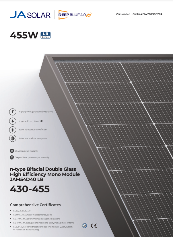 Ja Solar JAM54D40-450/LB 450 Wp Doppelglas Bifazial Vorderansicht 455 W Technische Daten