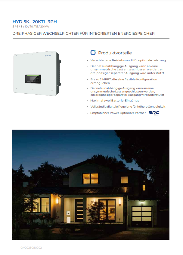 Sofar Solar HYD10KTL-3PH 10 kW 15 kW 20 kW Produktvorteile Parameter