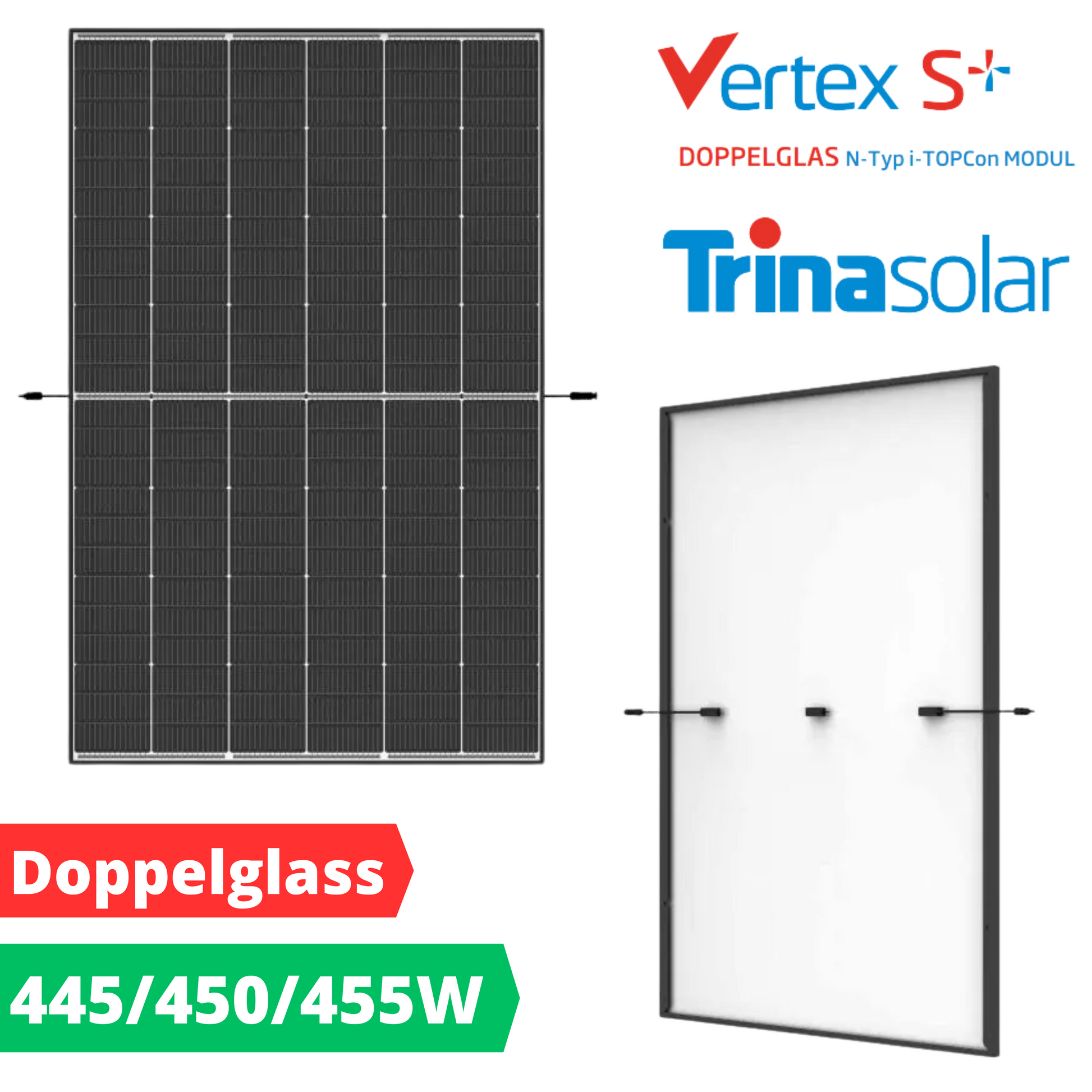 Trina Vertex S+ TSM-NEG9R.28 Doppelglas Solarmodul 445 W 450 W 455 W Vorderansicht Rückansicht