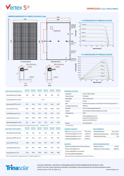 Trina Vertex S+ TSM-NEG9R.28 Doppelglas Solarmodul 445 W 450 W 455 W Technische Daten